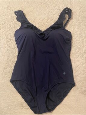 Lands' End Navy One-Piece Swimsuit with Eyelet Ruffle Straps